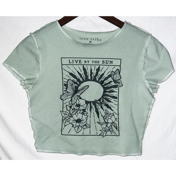 Love Tribe Women's Pale Green Medium Live By The Sun Midriff Graphic Tee - Picture 1 of 4